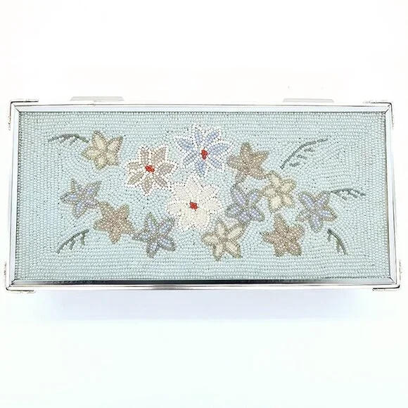 Vintage Schmid Bros Musical Jewelry Box Floral Beaded Blue Honey Tune Trinket